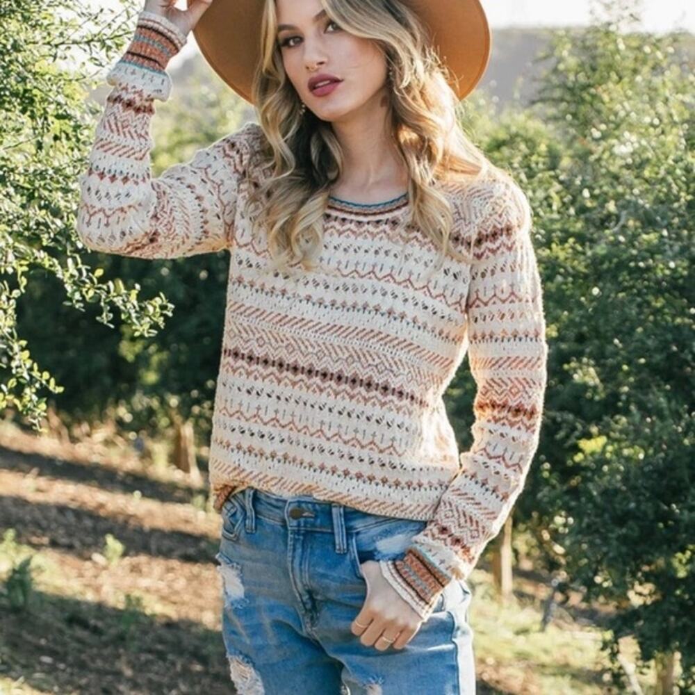 Lovestitch Boho Southwest Crotchet Knit Sweater Pullover Small